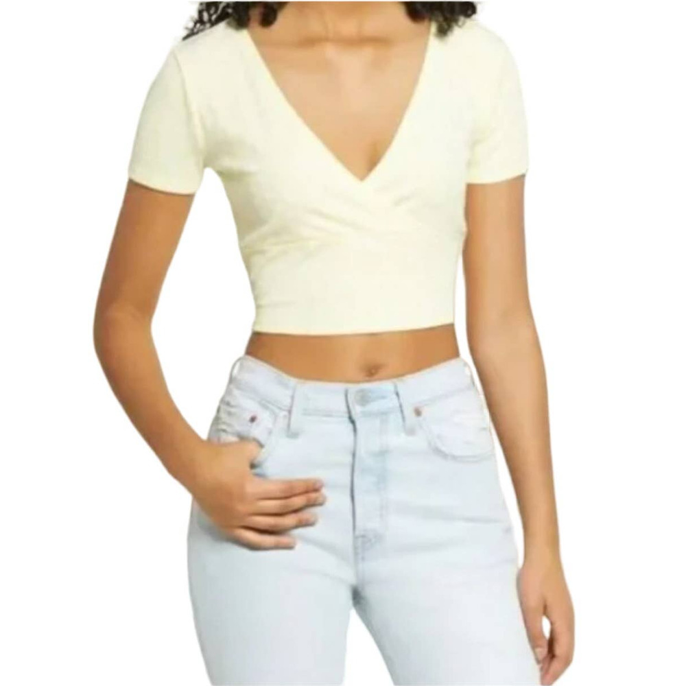 All In Favor Women's Yellow Daisy Floral Print Short Sleeve Cropped Top XL v6x